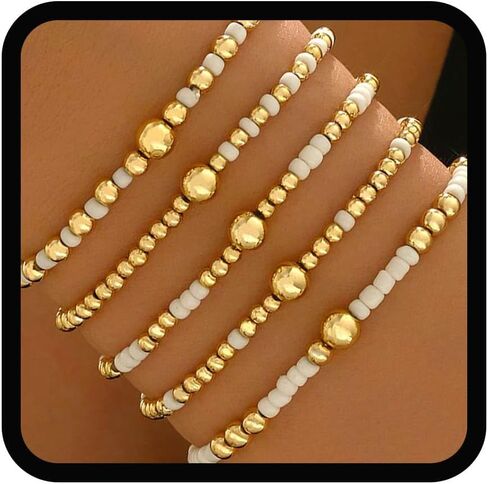 Yalice 5Pcs Boho Beaded Stretch Bracelets Set for Women 14K Gold Charm Stackable Summer Beads Ball Jewelry Gifts in Kuwait