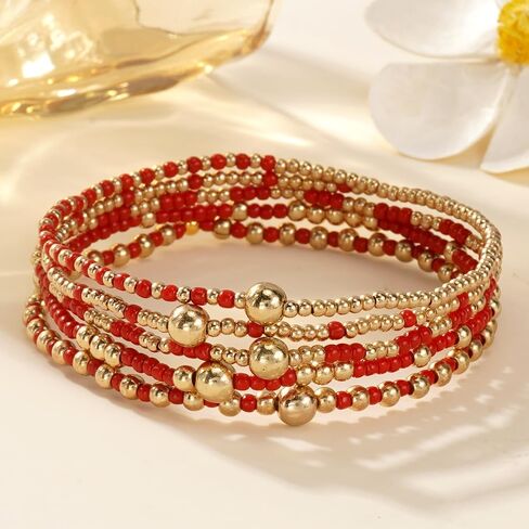 Yalice 5Pcs Boho Beaded Stretch Bracelets Set for Women 14K Gold Charm Stackable Summer Beads Ball Jewelry Gifts in Kuwait