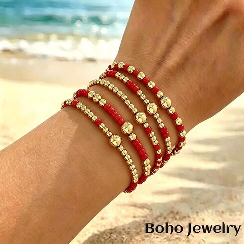 Yalice 5Pcs Boho Beaded Stretch Bracelets Set for Women 14K Gold Charm Stackable Summer Beads Ball Jewelry Gifts in Kuwait