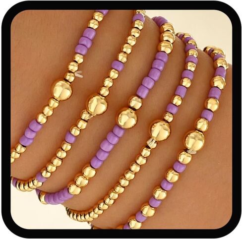 Yalice 5Pcs Boho Beaded Stretch Bracelets Set for Women 14K Gold Charm Stackable Summer Beads Ball Jewelry Gifts in Kuwait