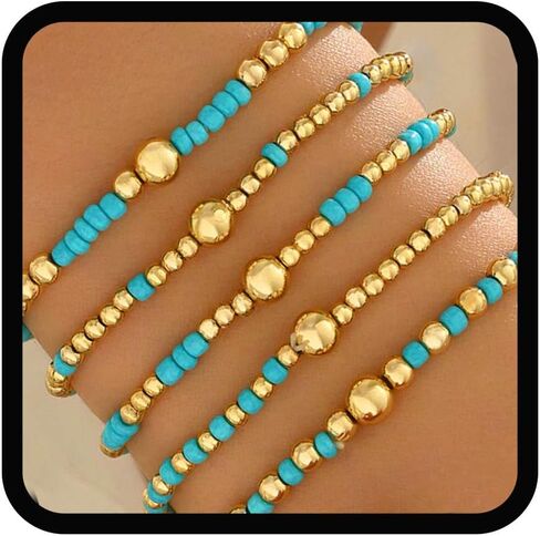 Yalice 5Pcs Boho Beaded Stretch Bracelets Set for Women 14K Gold Charm Stackable Summer Beads Ball Jewelry Gifts in Kuwait