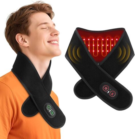 Cordless Neck Heating Pad for Pain, Neck Massager with 660nm 850nm Red Light, Heated Neck Wrap with 3000mAh Rechargeable, 3 Levels Heat & Massage, Black in Saudi Arabia