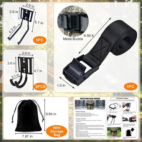 Treestand Strap Gear Hangers, Multi-Hook Accessory Holder for Bow Hanger, Tree Stand Accessories Holder with 8 Hooks, for Gears Bow Quiver Backpack Tree Saddle Bottle, with Storage Bag in Saudi Arabia