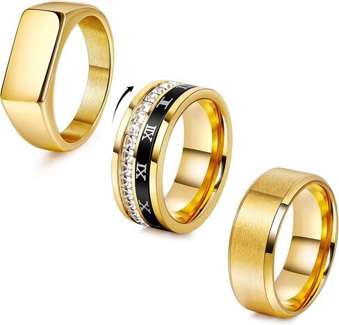 3PCS 18K الذهب الفولاذ المقاوم للصدأ الفرقة خواتم للرجال كول فيدجيت سبينر خواتم فضية الخاتم الأرقام الرومانية مكعب زركونيا حلقة مجموعة القلق الإغاثة الأزياء خواتم الزفاف الخطوبة حجم 7-13 in Kuwait