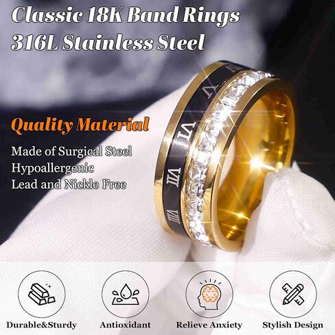 3PCS 18K الذهب الفولاذ المقاوم للصدأ الفرقة خواتم للرجال كول فيدجيت سبينر خواتم فضية الخاتم الأرقام الرومانية مكعب زركونيا حلقة مجموعة القلق الإغاثة الأزياء خواتم الزفاف الخطوبة حجم 7-13 in Kuwait