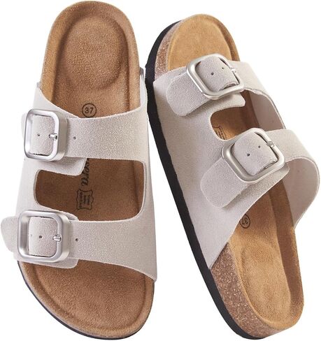 Womens Genuine Leather Sandals Cork Footbed Slide On Sandals with Arch Support Adjustable Double Buckle Comfort Summer Sandals for Wide Feet Daily Vacation Wear in Saudi Arabia