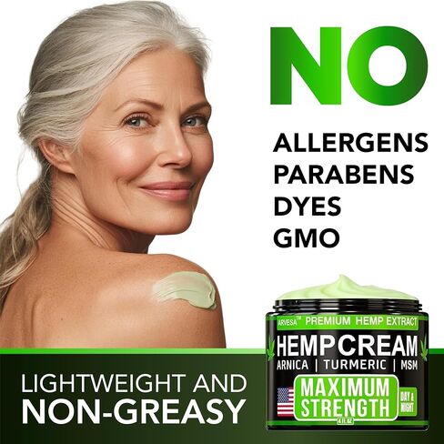 Hemp Cream Maximum Strength with Glucosamine, Arnica, Turmeric, MSM - Natural Hemp Oil Gel Rub - Fast Absorption, Non-Greasy - Advanced Formula - Formulated in USA - Menthol Scent - 4 FL OZ in Saudi Arabia
