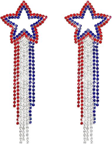 250th Anniversary Women's Pendant Earrings, July 4th Independence Day Patriotic Earrings for Women, American Flag Heart-Shaped and Star-Shaped Earrings, Featuring Red, White, and Blue Sparkling Rhinestones in Saudi Arabia