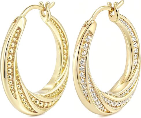 14K Gold Hoop Earrings for Women Twisted Design Cubic Zirconia Huggie Hoops Hypoallergenic Lightweight Earrings with Secure Click Top 22mm/25mm Sizes in Saudi Arabia