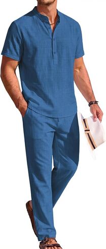 COOFANDY MENS 2 قطعة من الكتان القطني مجموعات قصيرة الأكمام غير الرسمية Henley Shirt Summer Beach Pants Lounge Outfits in Kuwait