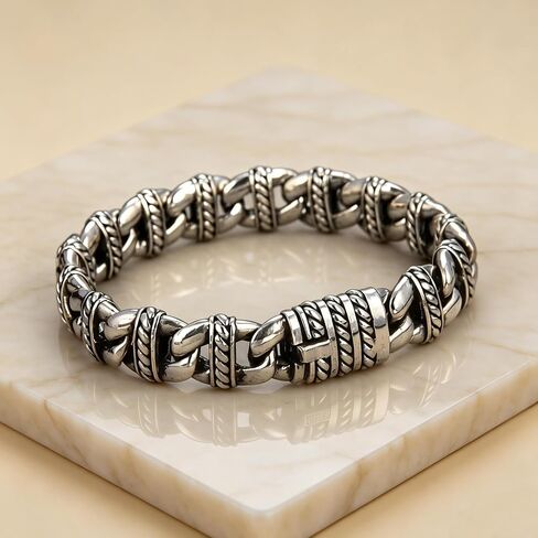 Italian Handmade Sterling Silver Mens Bracelets | Solid S925 Chain Bracelets | Men's Silver Bracelet Gift for Dad, Boyfriend, Son, My Man (8.6" Hemp Rope) in Saudi Arabia