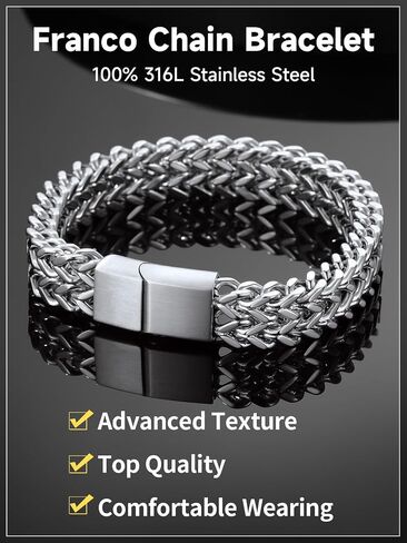 ChainsHouse Bracelet for Men, 316L Stainless Steel Franco Cuban Link Chain Bracelet with Sturdy Clasp, 6/10/12MM Widths, 7.5/8.3/9 Inch Lengths, Gift for Husband or Dad in Kuwait