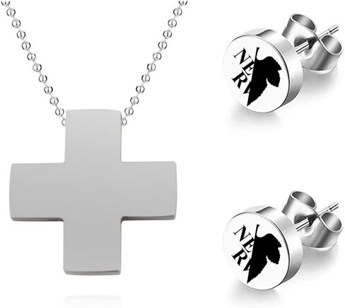 Anime Katsuragi Misato Cosplay Prop Anime Cartoon Cross Pendant Chain And Earrings for Men and Women Silver(N635+Earrings) in Saudi Arabia