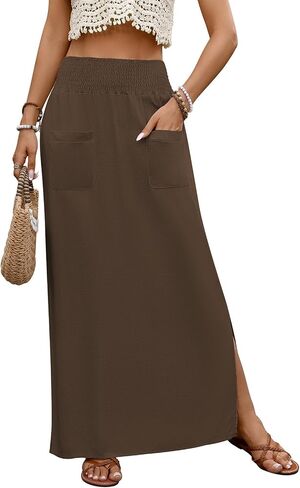 Womens Linen Maxi Skirt for Women High Waisted Elastic Long Flowy Side Slit Skirts with Pockets in Saudi Arabia