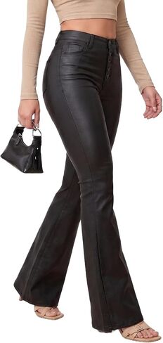 THE LOVE BRAND Women's Faux Leather Pants PU Mid Waist Skinny Pant Black Leather Leggings Bell Bottom Flare Pants in Kuwait
