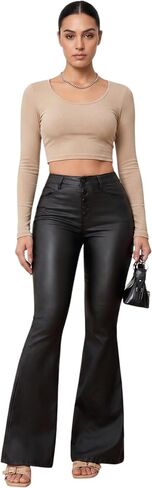 THE LOVE BRAND Women's Faux Leather Pants PU Mid Waist Skinny Pant Black Leather Leggings Bell Bottom Flare Pants in Kuwait