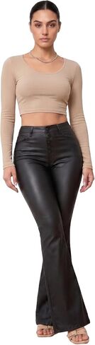 THE LOVE BRAND Women's Faux Leather Pants PU Mid Waist Skinny Pant Black Leather Leggings Bell Bottom Flare Pants in Kuwait