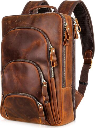 Full Grain Leather Backpack 15.6" Laptop Bag Men's Vintage Genuine Leather Business Backpack Travel Hiking Camping Rucksack Overnight Weekender Daypack Backpack in Saudi Arabia