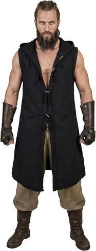 Men’s Medieval Viking Vest Renaissance Sleeveless Long Tabard Tunic Hooded Cotton Surcoat Wooden Buttons Halloween Cosplay in Saudi Arabia