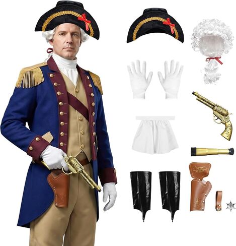 Founding Father Costume, Revolution Colonial Uniform with Wig Hat, Revolutionary War 18th Century Mens Outfit in Saudi Arabia