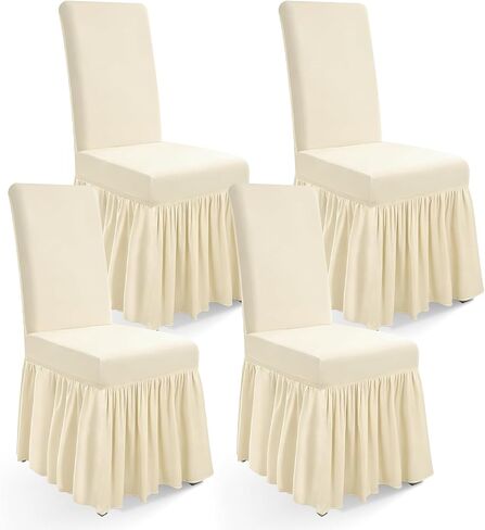 Long Skirt Dining Chair Covers Set of 4, Stretch Spandex Parsons Chair Slipcover with Skirt Washable Elegant Dining Room Chair Covers for Party/Wedding/Banquet/Kitchen (Beige, 4 Pcs) in Saudi Arabia
