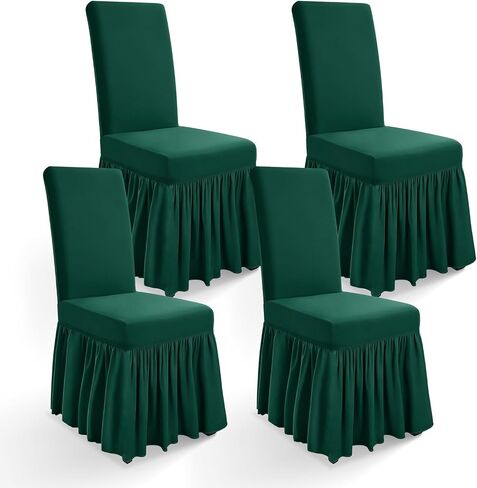 Long Skirt Dining Chair Covers Set of 4, Stretch Spandex Parsons Chair Slipcover with Skirt Washable Elegant Dining Room Chair Covers for Party/Wedding/Banquet/Kitchen (Beige, 4 Pcs) in Saudi Arabia