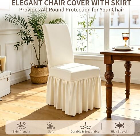 Long Skirt Dining Chair Covers Set of 4, Stretch Spandex Parsons Chair Slipcover with Skirt Washable Elegant Dining Room Chair Covers for Party/Wedding/Banquet/Kitchen (Beige, 4 Pcs) in Saudi Arabia