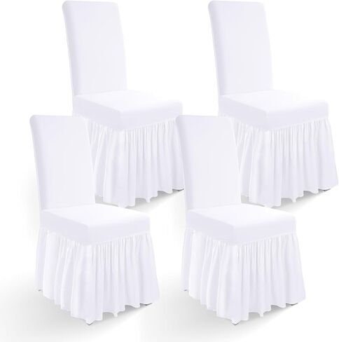 Long Skirt Dining Chair Covers Set of 4, Stretch Spandex Parsons Chair Slipcover with Skirt Washable Elegant Dining Room Chair Covers for Party/Wedding/Banquet/Kitchen (Beige, 4 Pcs) in Saudi Arabia