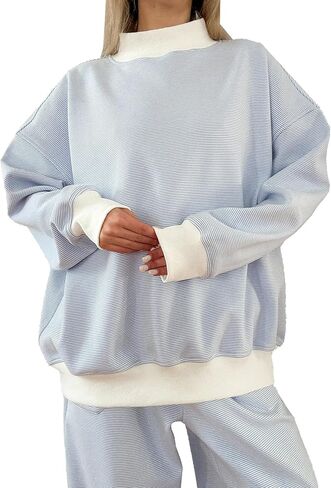 Women Oversized Mockneck Sweatshirt Striped Mock Neck Long Sleeve Pullover Sweatshirts Fall Winter Lounge Tops Light Blue in Saudi Arabia