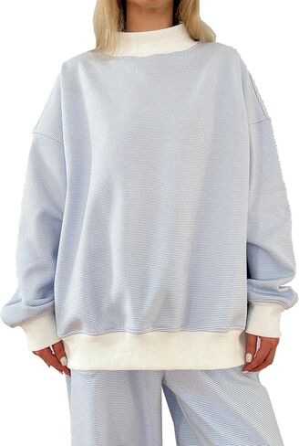 Women Oversized Mockneck Sweatshirt Striped Mock Neck Long Sleeve Pullover Sweatshirts Fall Winter Lounge Tops Light Blue in Saudi Arabia