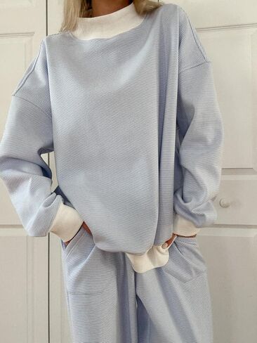 Women Oversized Mockneck Sweatshirt Striped Mock Neck Long Sleeve Pullover Sweatshirts Fall Winter Lounge Tops Light Blue in Saudi Arabia
