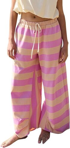 MSBESYOR Striped Lounge Pants for Women Summer Beach Trousers Drawstring Wide Leg Color Block Pants Casual Vacation in Saudi Arabia
