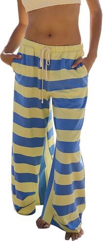 MSBESYOR Striped Lounge Pants for Women Summer Beach Trousers Drawstring Wide Leg Color Block Pants Casual Vacation in Saudi Arabia