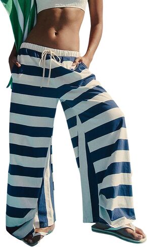 MSBESYOR Striped Lounge Pants for Women Summer Beach Trousers Drawstring Wide Leg Color Block Pants Casual Vacation in Saudi Arabia