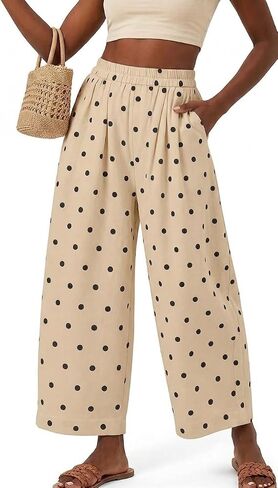 Womens Boho Polka Dot Cotton Linen Barrel Pants Wide Leg Palazzo Cropped Trousers Casual Elastic Waist with Pockets in Saudi Arabia