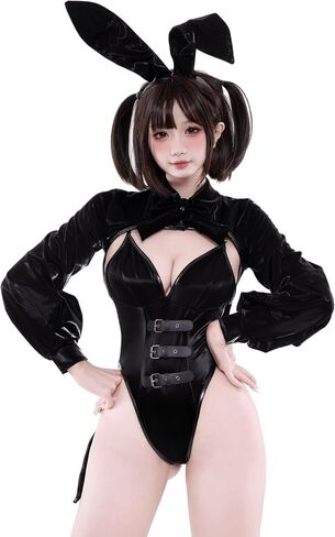 Sexy Bunny Girl Cosplay Lingerie – PU Leather High Cut Leotard with Tailcoat & Rabbit Ears, 3-Piece Set, One Size Fits Up to US S-M Black in Kuwait