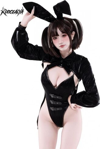 Sexy Bunny Girl Cosplay Lingerie – PU Leather High Cut Leotard with Tailcoat & Rabbit Ears, 3-Piece Set, One Size Fits Up to US S-M Black in Kuwait