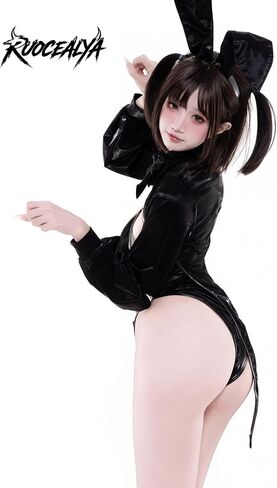 Sexy Bunny Girl Cosplay Lingerie – PU Leather High Cut Leotard with Tailcoat & Rabbit Ears, 3-Piece Set, One Size Fits Up to US S-M Black in Kuwait