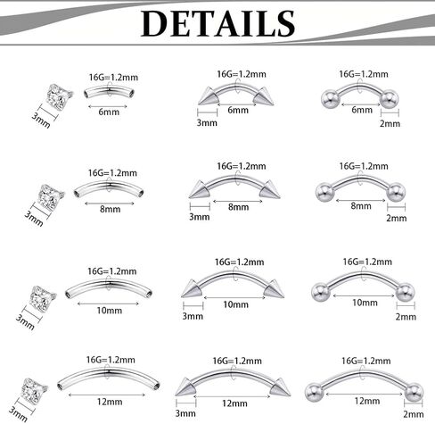 Surgical Steel 16G Eyebrow Ring Internal Thread Curved Barbell Tiny Eyebrow Jewelry for Vertical Labret Lip Rook Small Belly Button Eyebrow Piercings Jewelry for Women Men (6/8/10/12mm) in Saudi Arabia