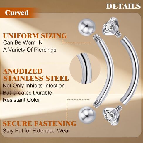 Surgical Steel 16G Eyebrow Ring Internal Thread Curved Barbell Tiny Eyebrow Jewelry for Vertical Labret Lip Rook Small Belly Button Eyebrow Piercings Jewelry for Women Men (6/8/10/12mm) in Saudi Arabia