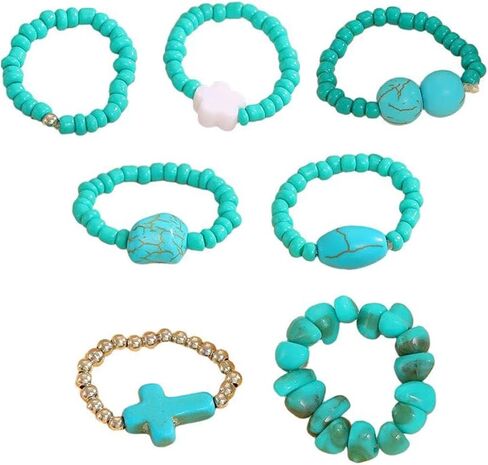 7Pcs Bohemian Turquoise Rings for Women Exaggerate Western Knuckle Ring Sets Stackable Beads Elasticity Finger Rings Set Simple Beaded Finger Jewelry Gifts in Saudi Arabia