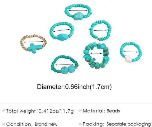 7Pcs Bohemian Turquoise Rings for Women Exaggerate Western Knuckle Ring Sets Stackable Beads Elasticity Finger Rings Set Simple Beaded Finger Jewelry Gifts in Saudi Arabia