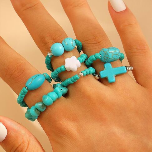 7Pcs Bohemian Turquoise Rings for Women Exaggerate Western Knuckle Ring Sets Stackable Beads Elasticity Finger Rings Set Simple Beaded Finger Jewelry Gifts in Saudi Arabia