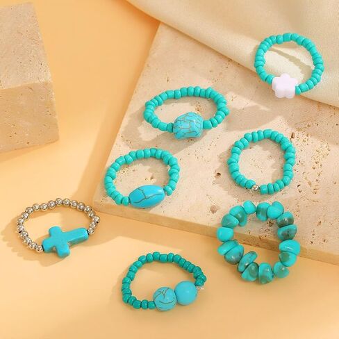 7Pcs Bohemian Turquoise Rings for Women Exaggerate Western Knuckle Ring Sets Stackable Beads Elasticity Finger Rings Set Simple Beaded Finger Jewelry Gifts in Saudi Arabia