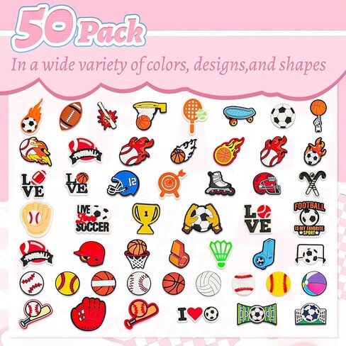 50 PCS Sports Ball Shoe Charms Baseball Basketball Shoe Decoration Charms for Clog Sandals, Shoe Accessories Charms for Women Adults in Saudi Arabia
