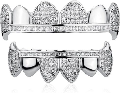 18K Gold Plated Vampire Fangs Teeth Caps Iced Out CZ Top and Bottom Vampire Fangs Grillz for men women with Extra Molding Bars Included in Saudi Arabia