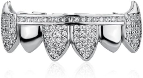18K Gold Plated Vampire Fangs Teeth Caps Iced Out CZ Top and Bottom Vampire Fangs Grillz for men women with Extra Molding Bars Included in Saudi Arabia