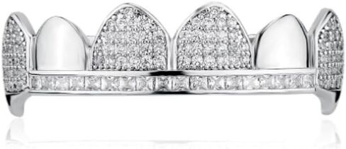 18K Gold Plated Vampire Fangs Teeth Caps Iced Out CZ Top and Bottom Vampire Fangs Grillz for men women with Extra Molding Bars Included in Saudi Arabia