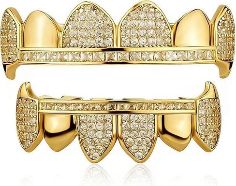 18K Gold Plated Vampire Fangs Teeth Caps Iced Out CZ Top and Bottom Vampire Fangs Grillz for men women with Extra Molding Bars Included in Saudi Arabia
