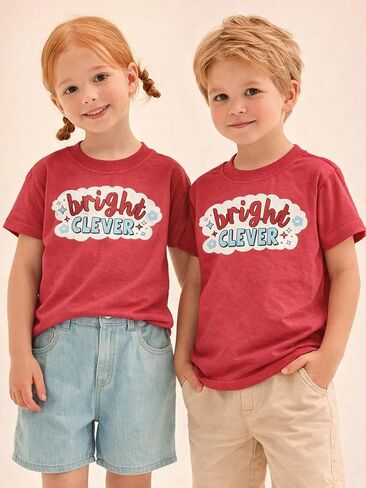 Kids Graphic T Shirt, Boys Girls Short Sleeve Crew Neck Printed Tee with Letter Print, Casual Everyday Wear Top in Kuwait